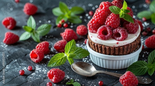   A close-up of a cupcake with raspberries on a table next to mint leaves and a spoon