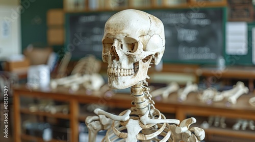  Detailed skeletal model with labeled bones used in an anatomy lecture at a medical school. photo