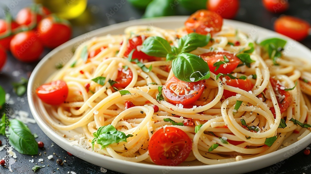A plate of pasta with tomatoes, basil, and parsley sits on a table alongside an olive oil bottle A plate of pasta with tomatoes, basil, and parsley sits on a table alongside an olive oil bottle
