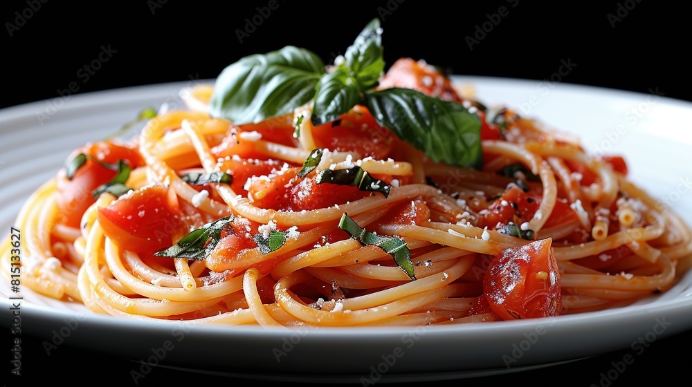   Spaghetti with tomato, basil, and parmesan on white plate with black backdrop