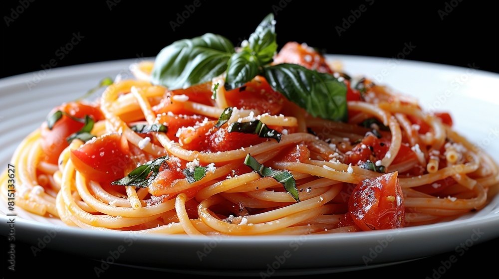 Spaghetti with tomato, basil, and parmesan on white plate with black backdrop Spaghetti with tomato, basil, and parmesan on white plate with black backdrop