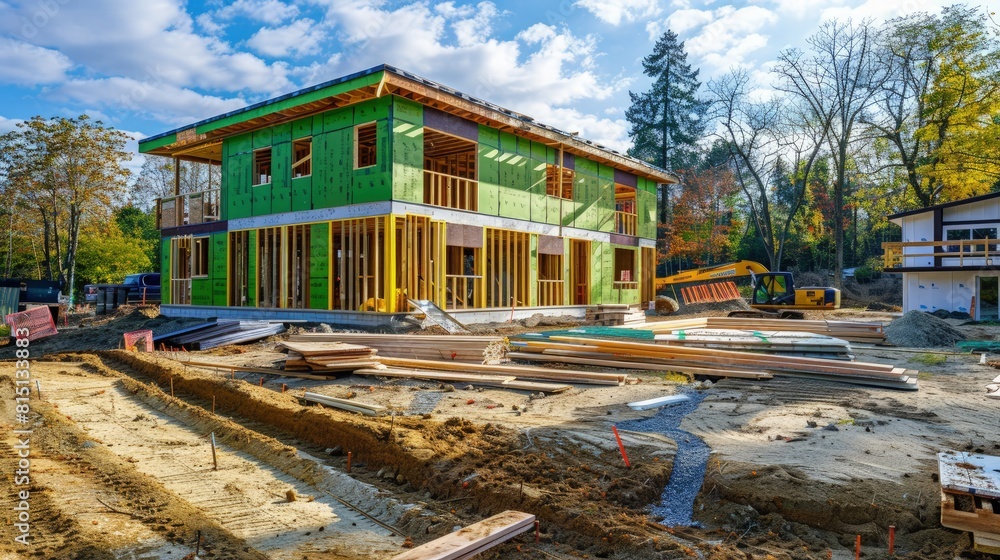Eco-friendly home building, construction site, green techniques. Stock ...