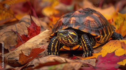  Eastern box turtle in autumn leaves, colorful, quaint.