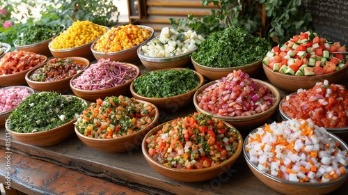   A wooden table topped with numerous bowls containing diverse vegetable varieties © Nadia