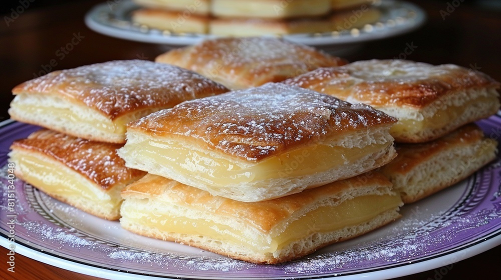 A stack of pastries sits atop a plate beside a mound of additional pastries on the table A stack of pastries sits atop a plate beside a mound of additional pastries on the table