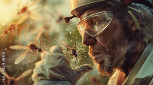 Environmental scientist releasing genetically modified mosquitoes to combat disease. photo