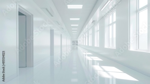 Empty white clean hallway bright corridor in the hospital building interior design. Generated AI
