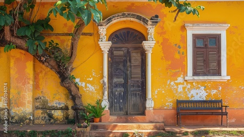  Exploring colonial architecture in Goa, India, Portuguese influence, vibrant colors, cultural fusion. photo