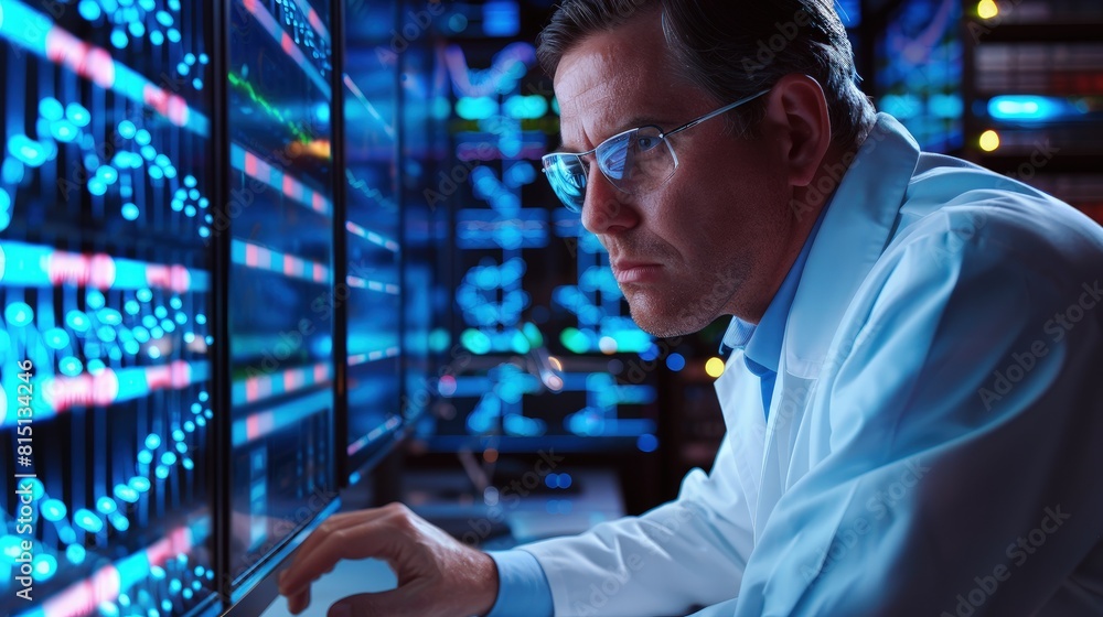 Genetic researcher using a supercomputer to model DNA sequences for synthetic biology. Genetic researcher using a supercomputer to model DNA sequences for synthetic biology.