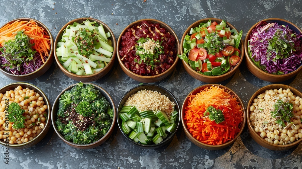 Bowls of various vegetables and veggies on a table Bowls of various vegetables and veggies on a table