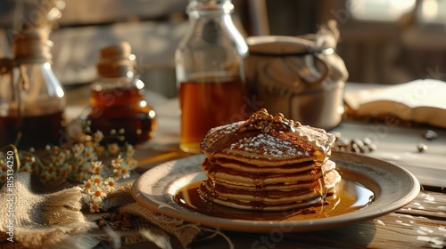  Gluten-free morning, buckwheat pancakes, natural syrup, rustic breakfast.