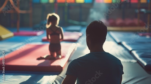  Gymnastics coach spotting young gymnast, safe practice, gym mats. photo