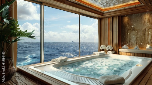  Health-focused cruise in the Caribbean, onboard spas, wellness activities, ocean calm. © Gefo