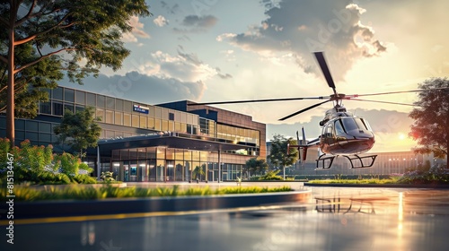  Helicopter landing on a hospital helipad â€“ Emergency flight. photo