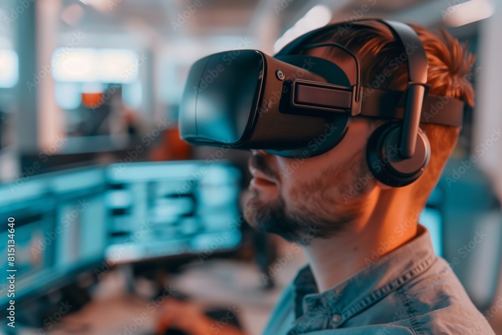 Man using virtual reality headset in office. Man using virtual reality headset in office.