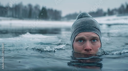  Ice swimming challenge, frozen lake, brave swimmer. photo