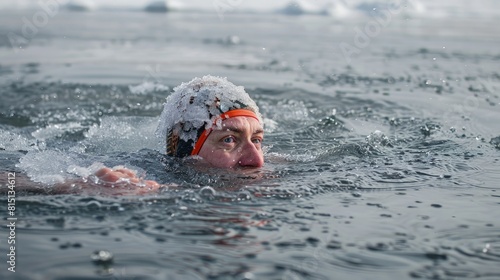  Ice swimming challenge, frozen lake, brave swimmer.