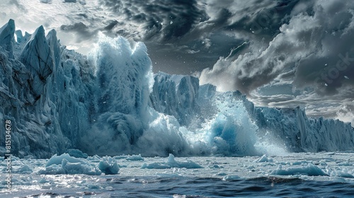  Iceberg calving from a glacier with a thunderous roar, a dramatic moment of change. photo