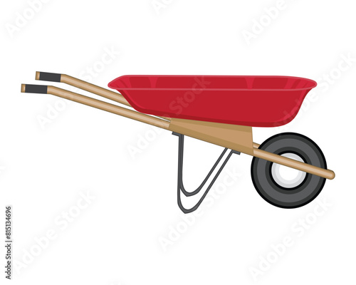 vector design of a tool for transporting building materials such as sand or cement called a red wheelbarrow with one wheel and two handles
