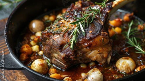  Lamb shank, braised, with rosemary and garlic, fall-off-the-bone tender.