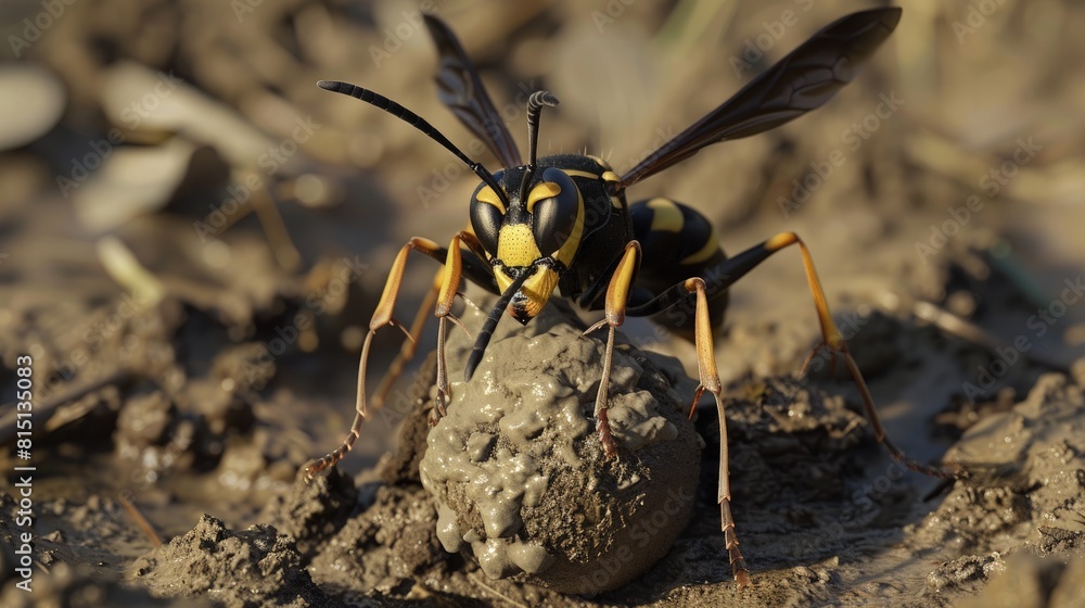 Mud dauber wasp with mud ball, nest building, skilled. Mud dauber wasp with mud ball, nest building, skilled.