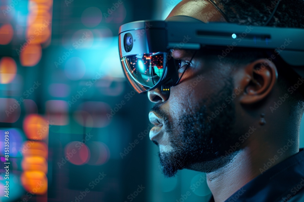 The man wearing virtual reality headset. The man wearing virtual reality headset.
