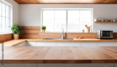 Kitchen background top counter interior wood blur home wooden empty room light white. Top kitchen product background desk modern window food display design texture tabletop created with generative ai 