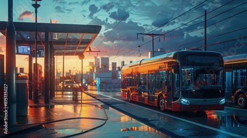  Modern eco-friendly public transportation system  electric buses  city backdrop.