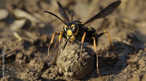  Mud dauber wasp with mud ball, nest building, skilled. photo