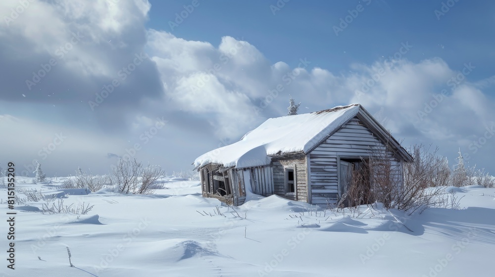 Old trapper’s cabin partially buried in snow, a relic of Arctic survival. Old trapper’s cabin partially buried in snow, a relic of Arctic survival.