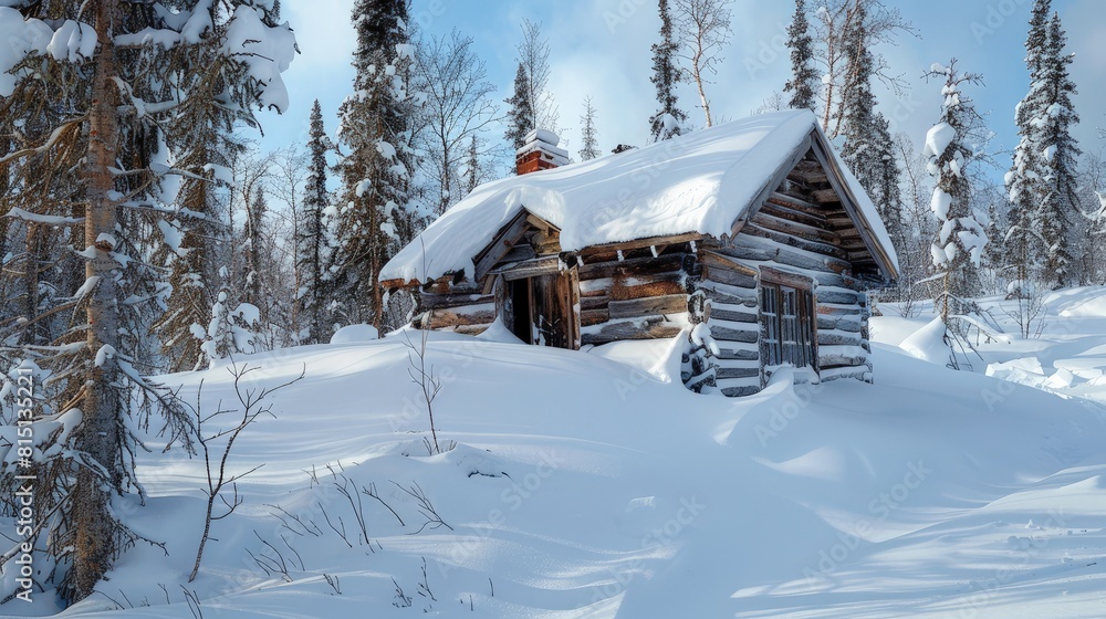 Old trapper’s cabin partially buried in snow, a relic of Arctic survival. Old trapper’s cabin partially buried in snow, a relic of Arctic survival.