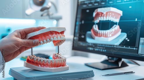  Orthodontist adjusting digital models of dental braces in a 3D software program. photo