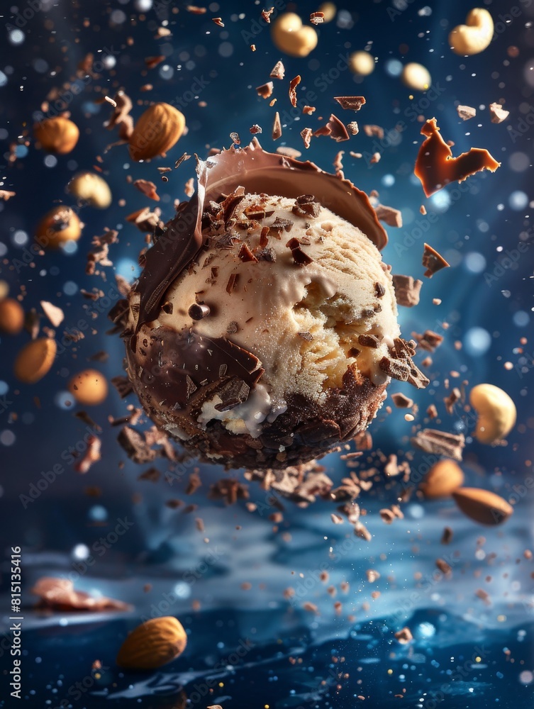 Chocolate and nuts orbiting around an ice cream ball with a dramatic backdrop Chocolate and nuts orbiting around an ice cream ball with a dramatic backdrop