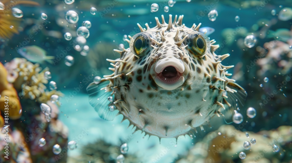 Pufferfish inflating as defense, spherical warning, quirky behavior. Pufferfish inflating as defense, spherical warning, quirky behavior.