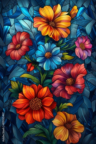 Wallpaper Mural A colorful painting of flowers with a blue background Torontodigital.ca