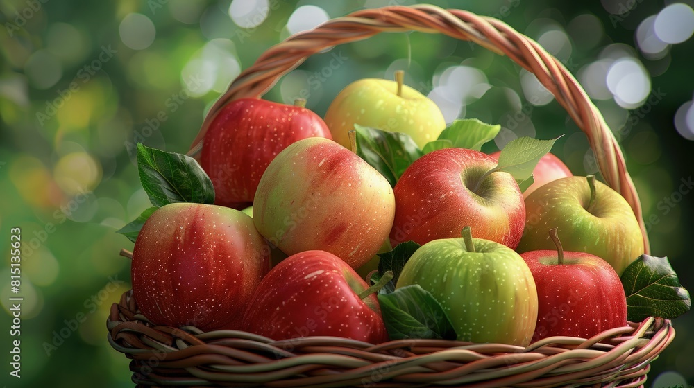 Red and green apples in a wicker basket, orchard background. Red and green apples in a wicker basket, orchard background.