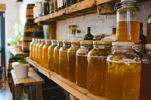 A shelf full of bottles of honey.
