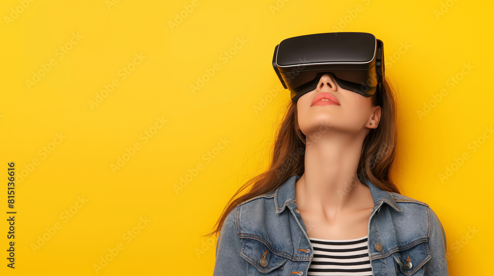 Fototapeta premium A woman wearing a virtual reality headset against a yellow background. Copy space.