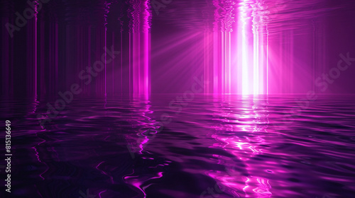 Abstract dark futuristic background purple neon light rays reflect off the water 