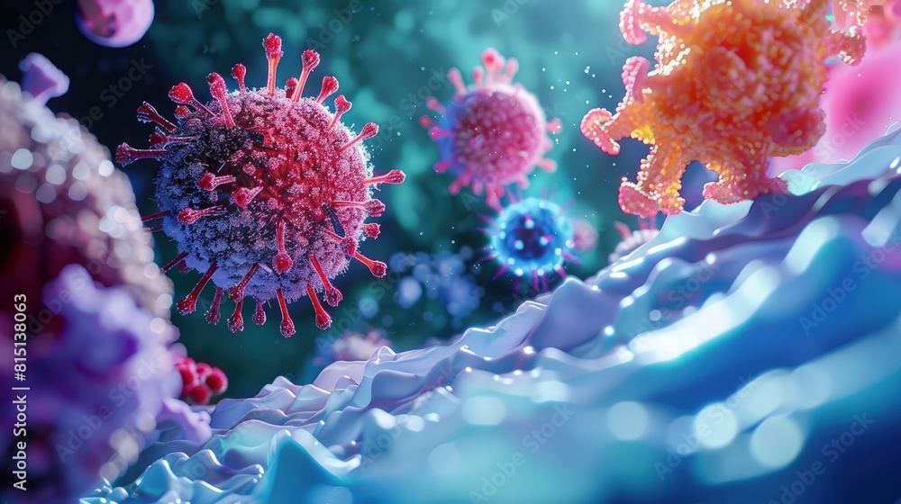 Naklejka premium Visualization of a complex viral assembly process within a host cell in a research lab.