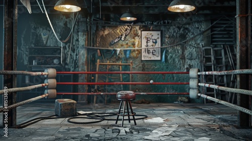  Vintage boxing ring corner, ropes and stool, fight night, gritty atmosphere . photo