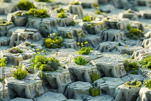 Hexagonal paving stones hosting sprouts of greenery in sunlight photo