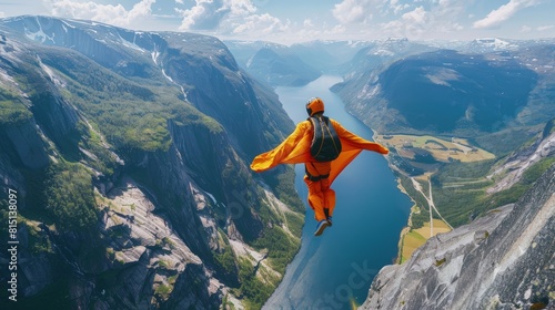  Wingsuit flying over the fjords of Norway, bird-like flight, spectacular scenery, extreme sport.