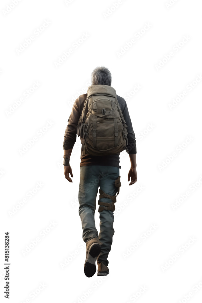 Post apocalyptic dystopian survivor old senior mature man walking away. Full view. Standing, Back rear view. Isolated transparent PNG background. Ideal for book covers, movie posters and much more. Post apocalyptic dystopian survivor old senior mature man walking away. Full view. Standing, Back rear view. Isolated transparent PNG background. Ideal for book covers, movie posters and much more.