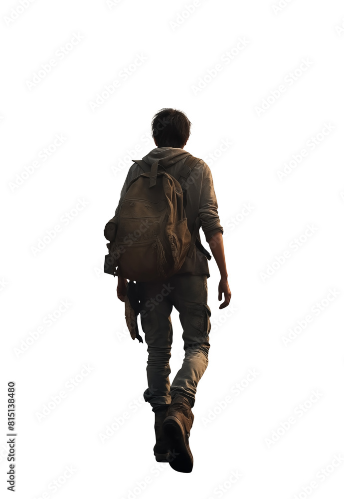 Post apocalyptic dystopian survivor teen boy young man walking away. Full view. Standing, Back rear view. Isolated transparent PNG background. Ideal for book covers, movie posters and much more. Post apocalyptic dystopian survivor teen boy young man walking away. Full view. Standing, Back rear view. Isolated transparent PNG background. Ideal for book covers, movie posters and much more.