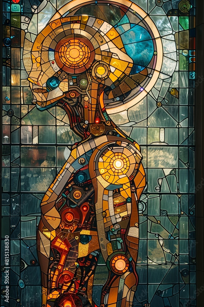 Obraz premium A colorful, abstract painting of a robot with a face and hands