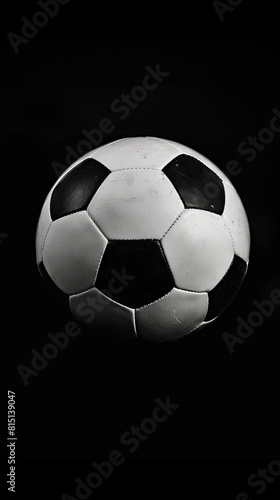 A black and white soccer ball on a dark background.