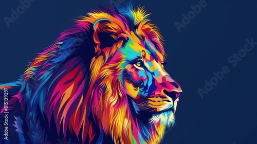 Illustration Lion head animal in style of pop art vibrant color on dark blue background. Generated AI