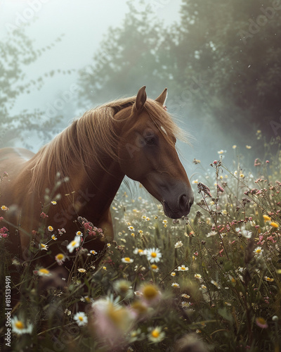 A Horse Standing Amidst a Field of Delicate Wildflowers - Its Mane and Tail Swaying in the Breeze - Muted Surrealism Aesthetic