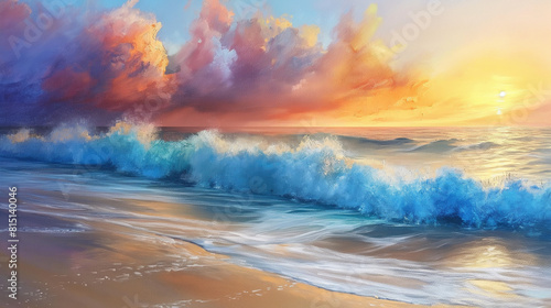 detailed seascape painting, capturing the beauty of a tranquil beach at sunset, complete with crashing waves, golden sand, and colorful sky